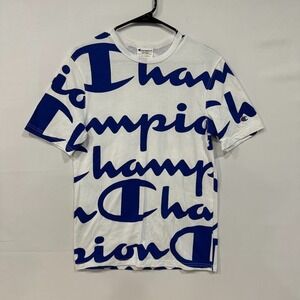 Champion Heritage Logo T-Shirt Men S White Blue Oversized‎ Script Graphic Tee